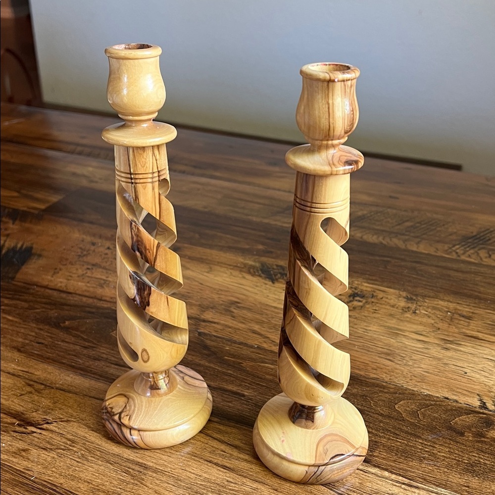 Vintage Olive Wood Carved Spiral Candlestick Set of 2